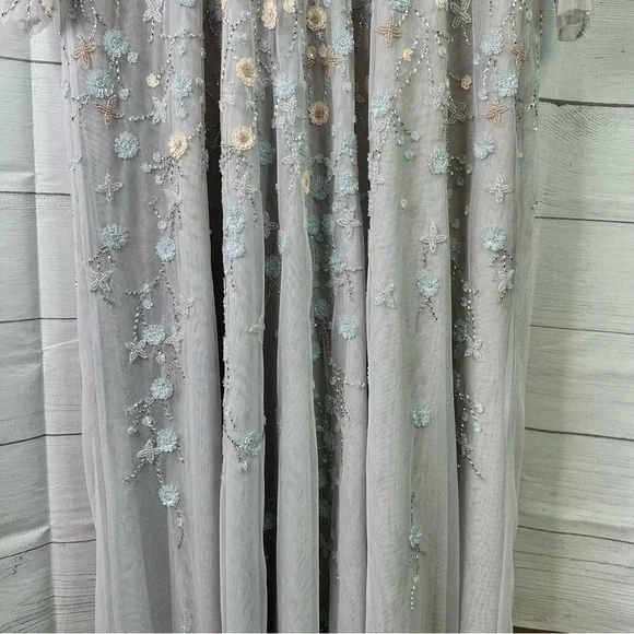 Mac Duggal size 16 Embellished Wrap Over Illusion Long Sleeve A Line Gown Gray - Picture 8 of 16